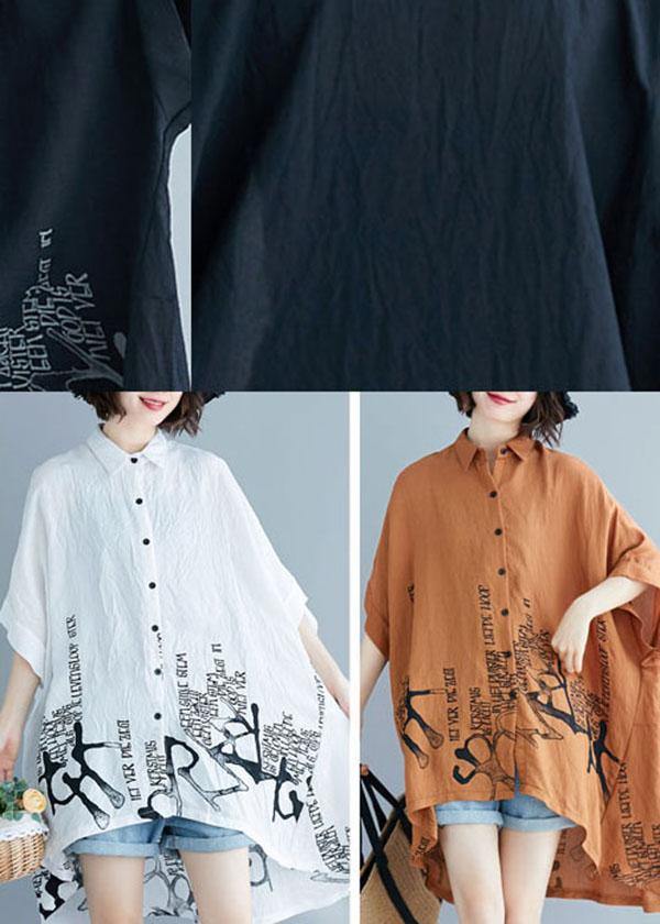 White Graphic Peter Pan Collar Cotton Tops Summer