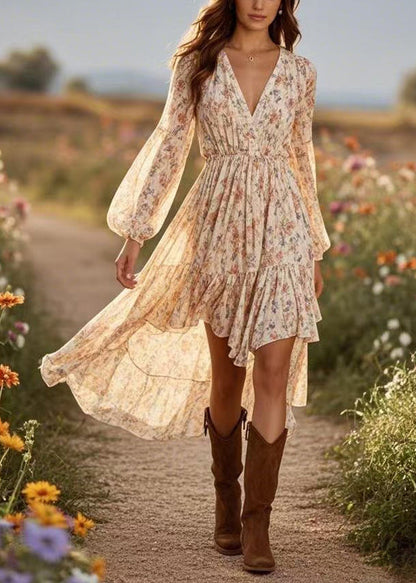Diy Apricot Print Wrinkled Party Chiffon Maxi Dress Spring