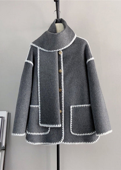 Grey Button Pockets Woolen Short Coats Winter