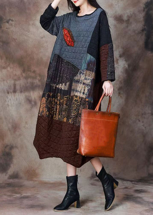 Blue Asymmetrical Patchwork Cotton Filled Long Dress Spring