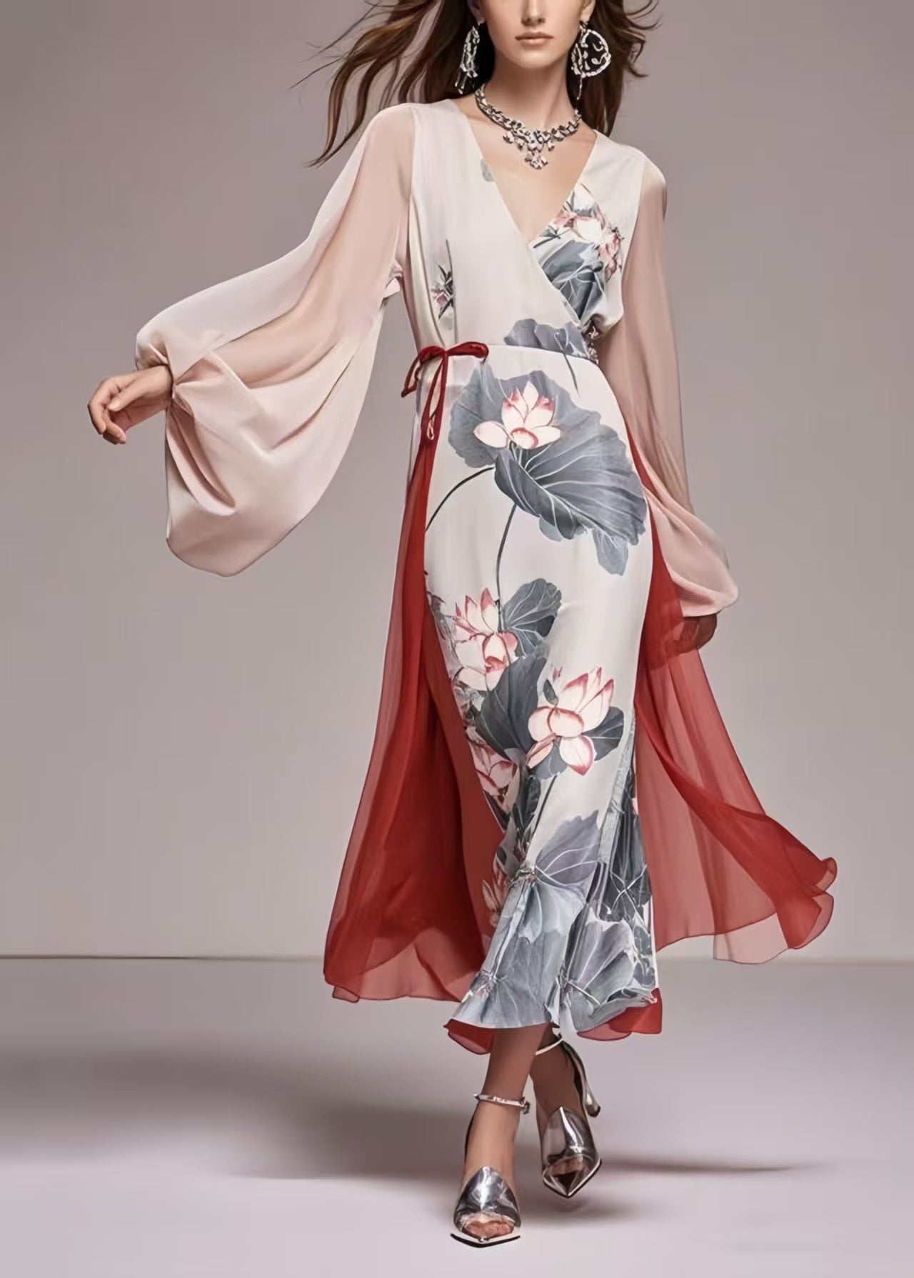 Original Design White Lotus Leaf Patchwork Chiffon Party Dress Lantern Sleeve
