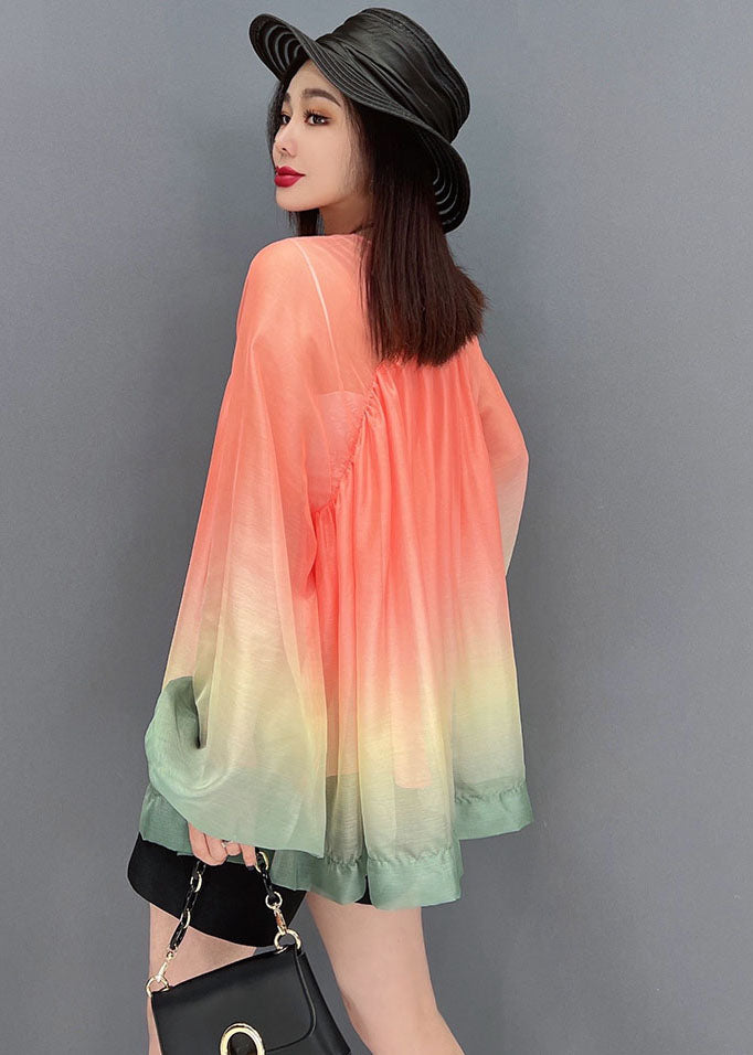Unique Red Gradient Color V Neck Wrinkled Tulle Top Lantern Sleeve