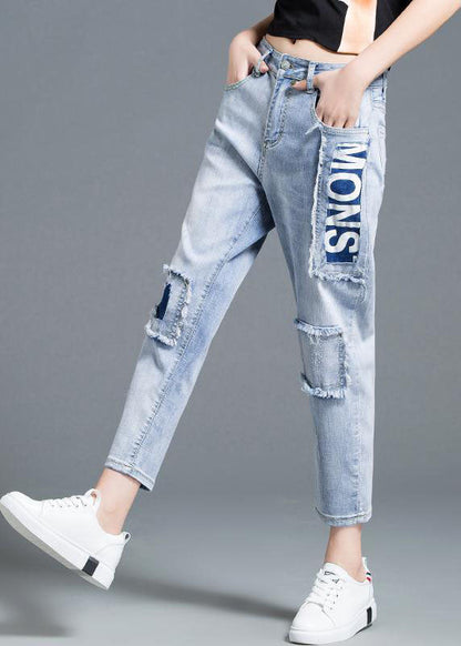 Light Blue High Waist Letter Print Cotton Denim Jeans Summer