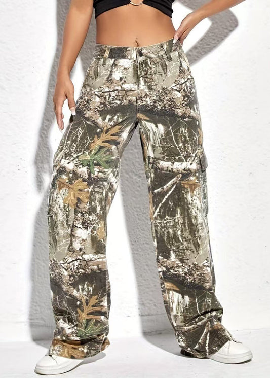 Print Pockets High Waist Cotton Pants Spring