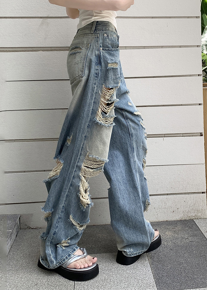 Blue Pockets Patchwork Hole Denim Pants Spring
