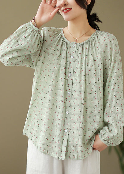 Green Oversized Print Cotton Blouses Fall