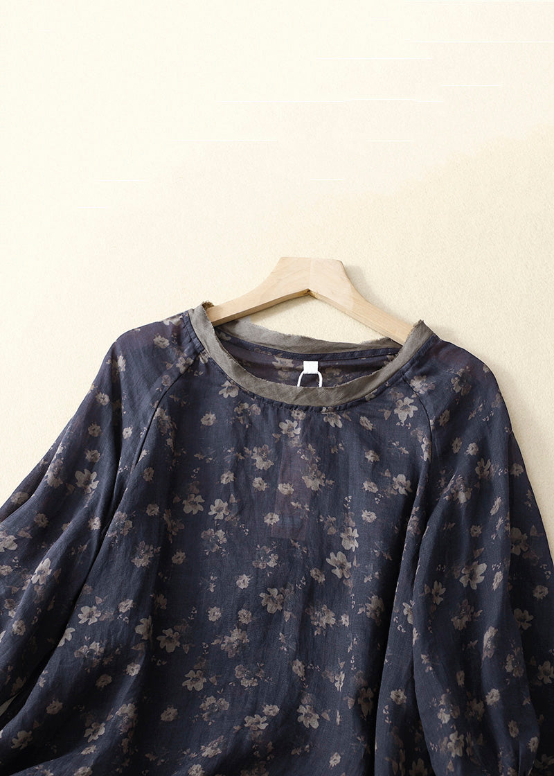 Navy O Neck Lace Up Print Linen Tops Bracelet Sleeve