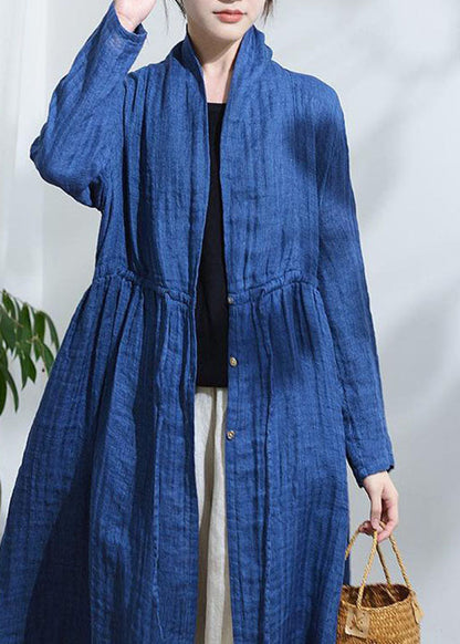 Blue Bow Button Drawstring Trench Coats Long Sleeve