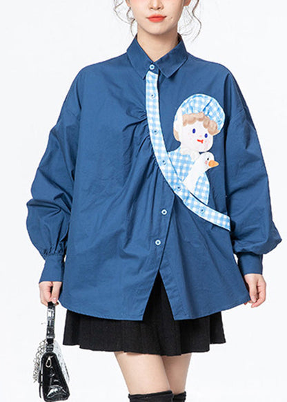 Blue Peter Pan Collar Print Button Cotton Shirts Long Sleeve