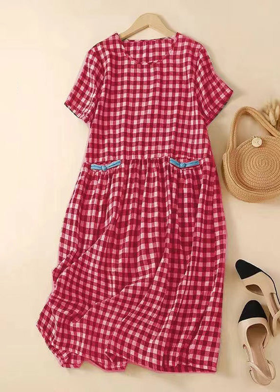 Black Plaid O-neck Patchwork Cotton Mid Dress Summer