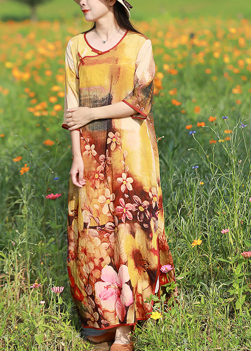 Light Yellow O-neck Side Open Print Long Dress Half Sleeve