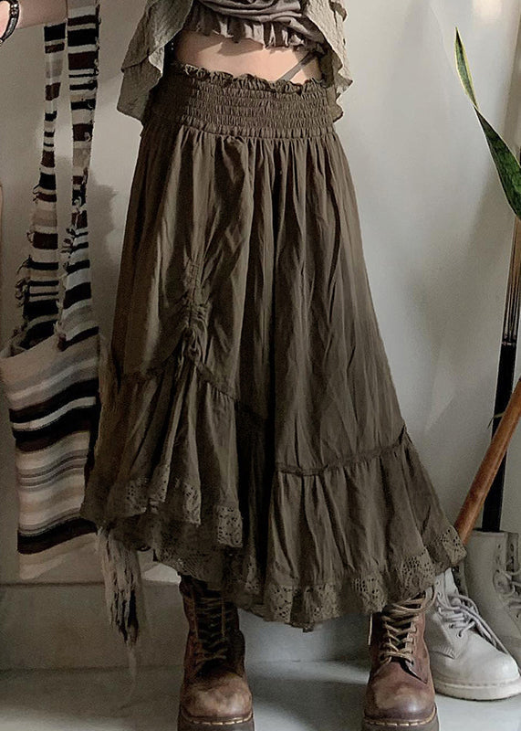 Army Green Ruffled Cinched Elastic Waist Cotton Skirts Fall