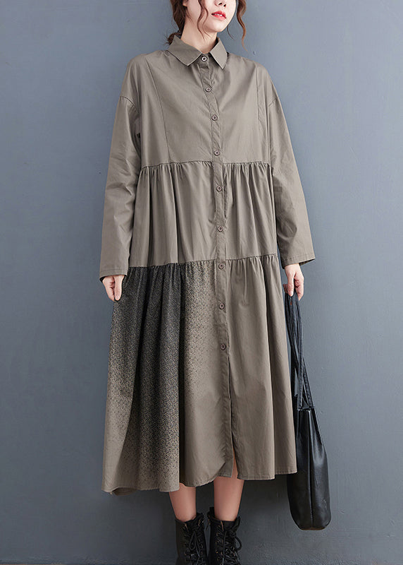 Grey Pockets Cotton Shirt Dresses Wrinkled Long Sleeve