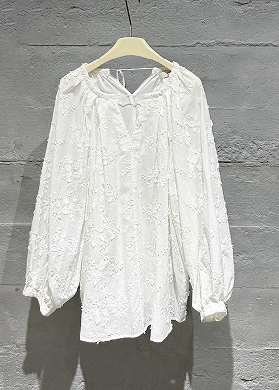 Cozy White Embroideried Cotton Shirt Tops Fall