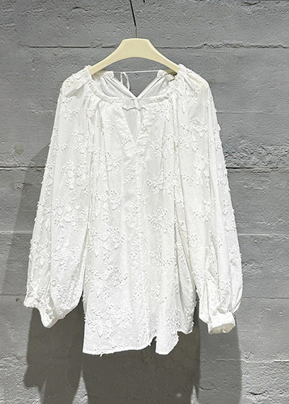 Cozy White Embroideried Cotton Shirt Tops Fall