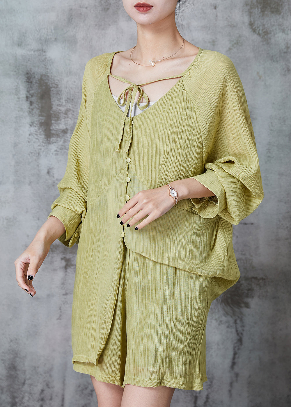 Grass Green Oversized Wrinkled Cotton Two Pieces Set Summer