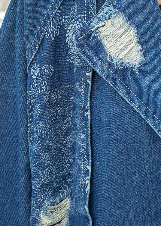 Blue Peterpan Collar Button Pockets Print Hole Fall Long Sleeve Trench Coat