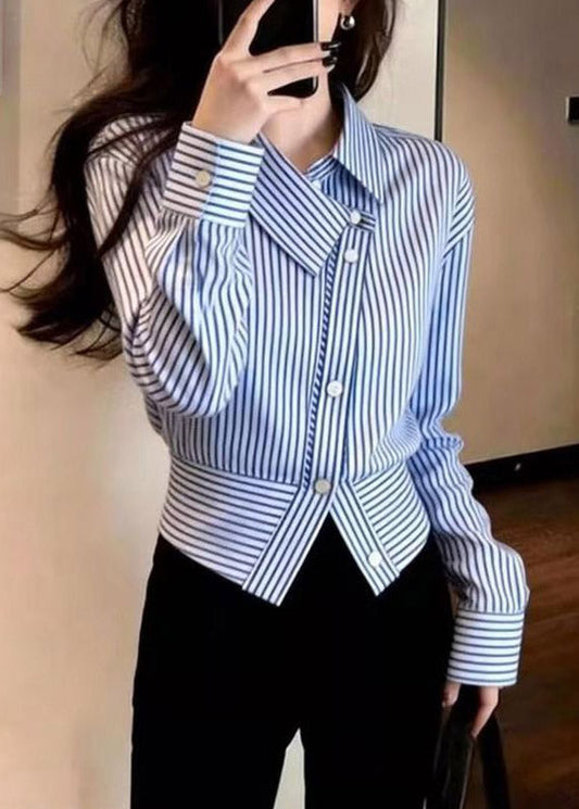 Blue Striped Peter Pan Collar Button Shirt Spring