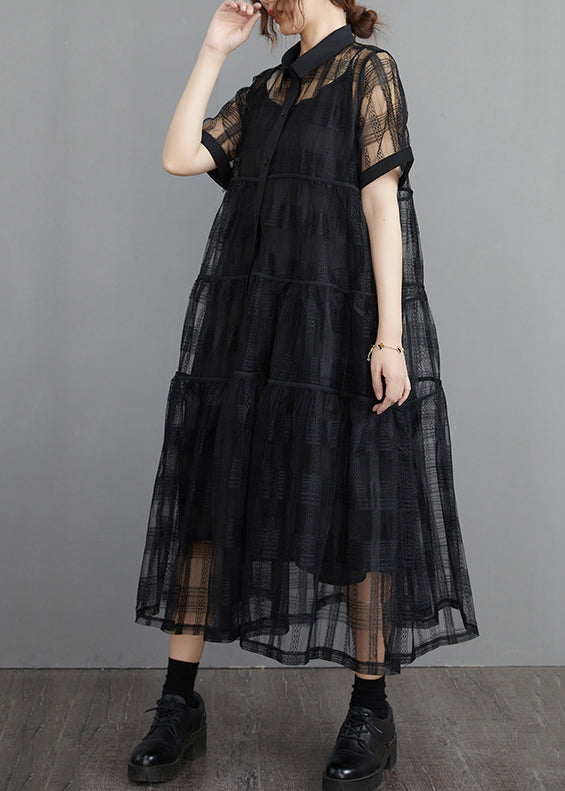 French Black Button Tulle Two Piece Set Short Sleeve