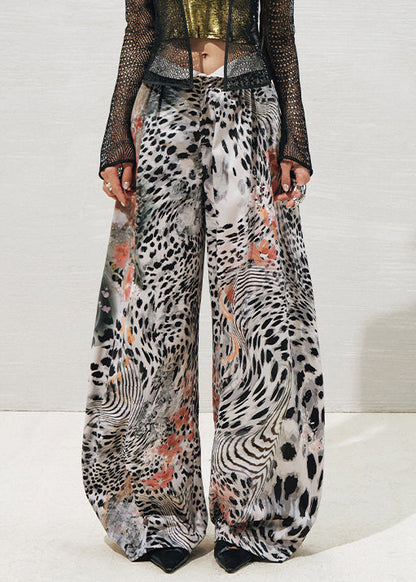 Grey Leopard Pockets Cotton Summer Pants High Waist