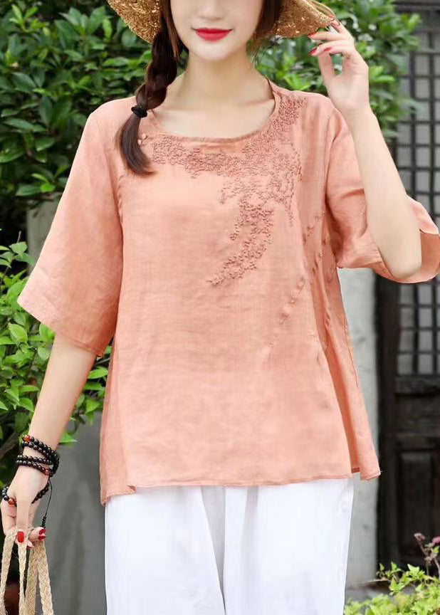 Orange O-neck Embroideried Linen Shirt Top Short Sleeve