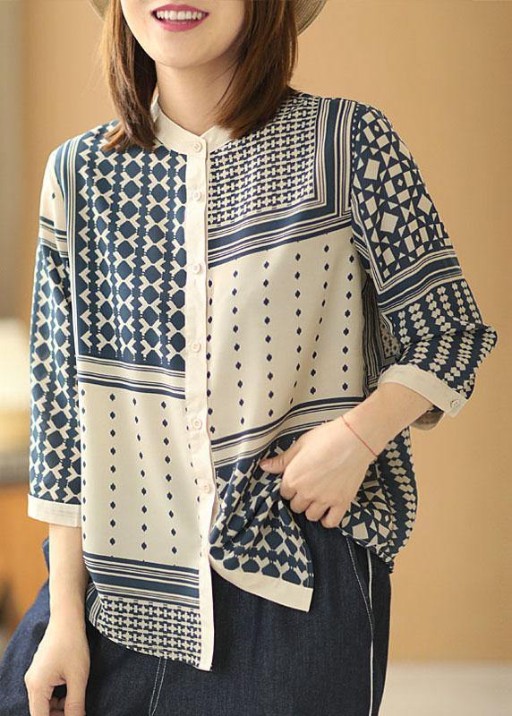 Apricot O-neck Print Button Fall Blouses Three Quarter Sleeve
