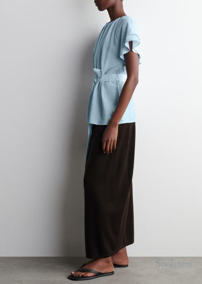 Blue Tie Waist Cotton Top Cloak Sleeves