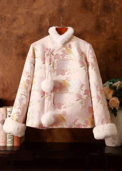 Jacquard Pink Fur Collar Fuzzy Ball Patchwork Down Coats Winter