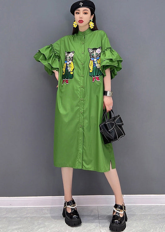 Green Stand Collar Cat Embroideried Shirt Dress Ruffles Sleeve