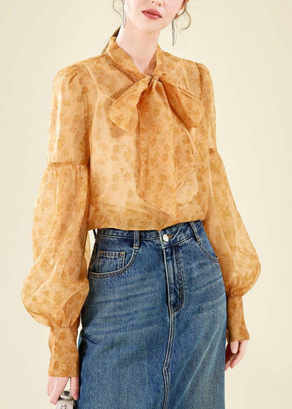 Orange Stand Collar Chiffon Top Lantern Sleeve