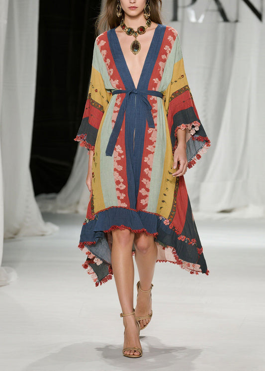 Colorblock V Neck Lace Up Cotton Dress Summer