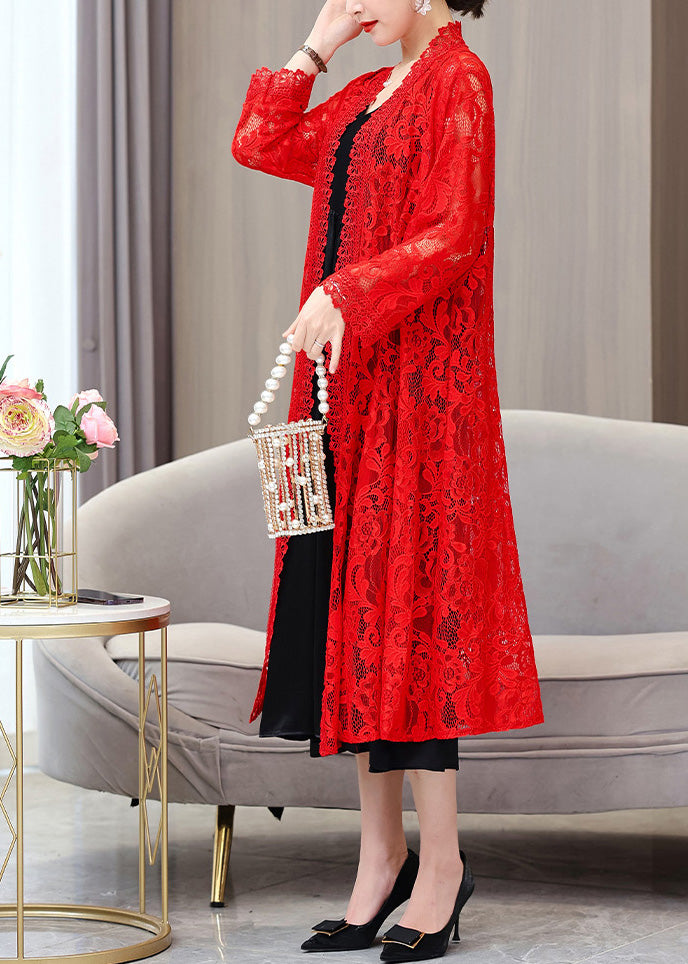 Red V Neck Long Lace Sunscreen Cardigan Summer