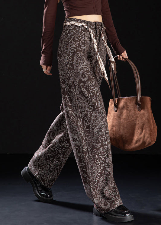 Brown Pockets Print Warm Fleece Denim Pants Winter