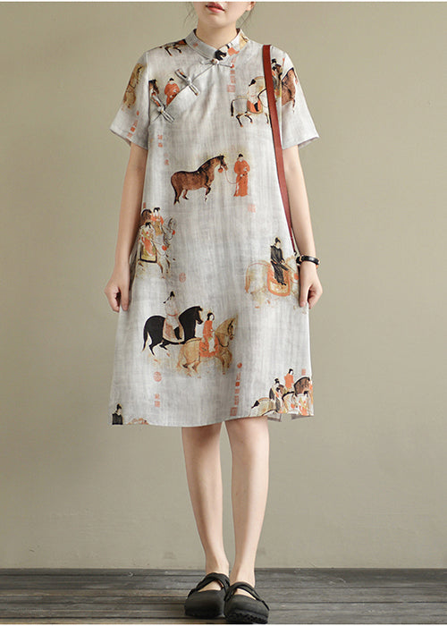 White Print Oriental Button Linen Dress Short Sleeve