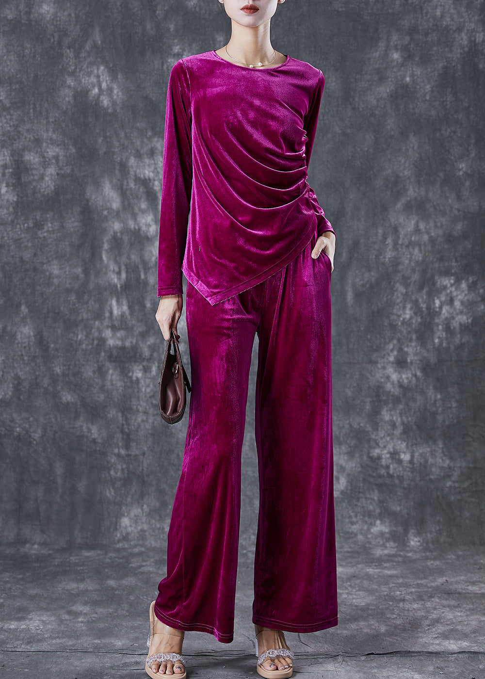 French Purple Asymmetrical Wrinkled Silk Velour Sets 2 Pieces Fall