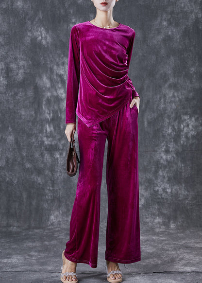 French Purple Asymmetrical Wrinkled Silk Velour Sets 2 Pieces Fall