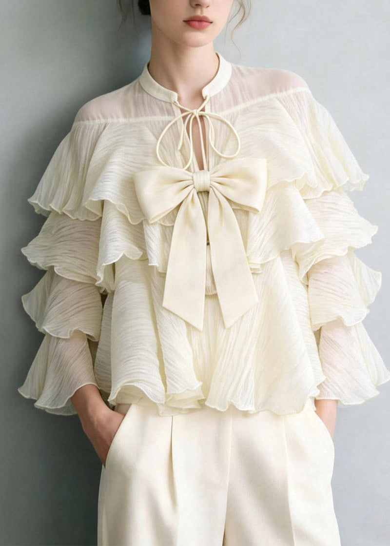 White Tie Lace Bow Ruffled Patchwork Top Spring