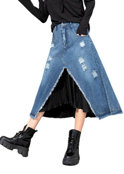 Blue Asymmetrical Patchwork Skirts Spring