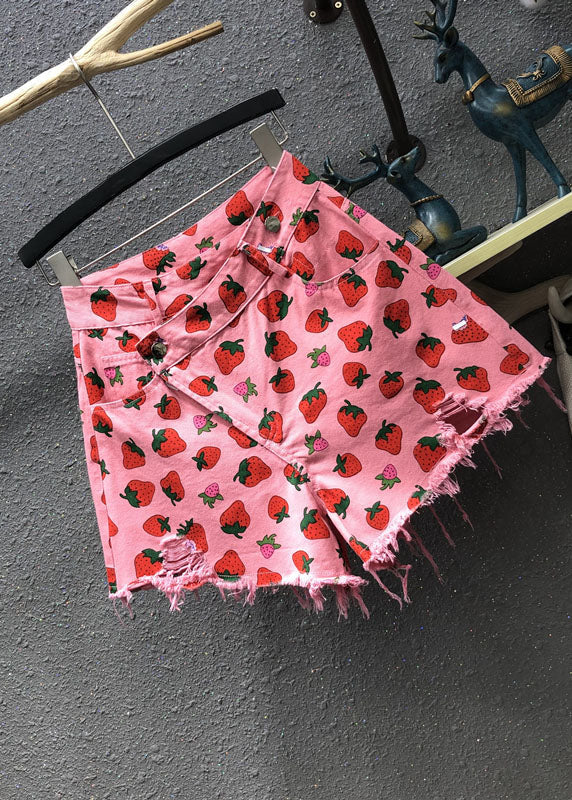 Pink Strawberry Print Pockets Denim Shorts Summer