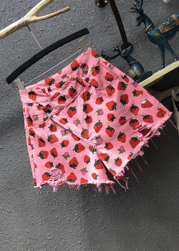 Pink Strawberry Print Pockets Denim Shorts Summer