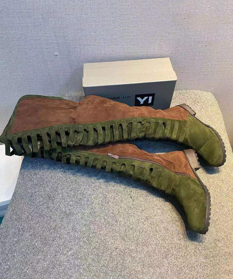 Splicing Zippered Chunky Knee Boots Green