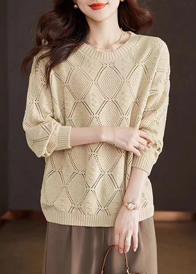 Rose O-neck Hollow Out Cotton Knitted Sweaters Fall