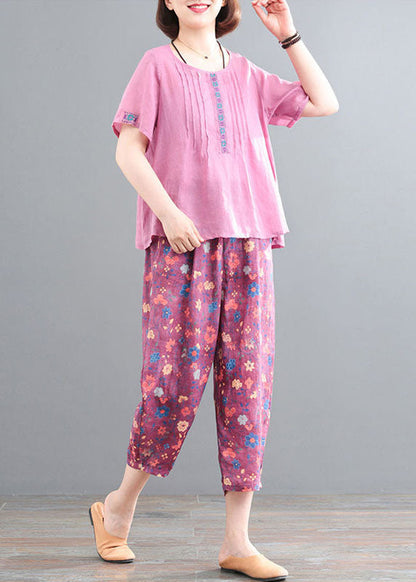 Pink Linen Tops and Pants Two Pieces Set Wrinkled Embroideried Short Sleeve