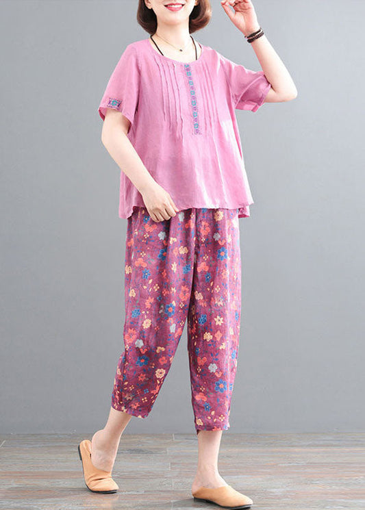 Pink Linen Tops and Pants Two Pieces Set Wrinkled Embroideried Short Sleeve