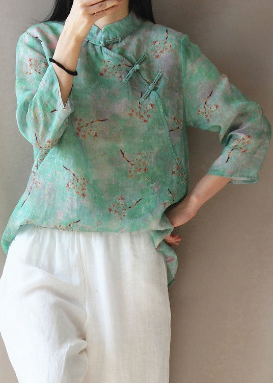 Light Green Button Stand Collar Print Tops Spring