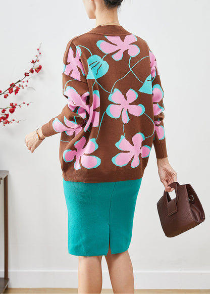 Slim Fit V Neck Print Knit Sweater and Skirt Sets 2 Pieces Fall
