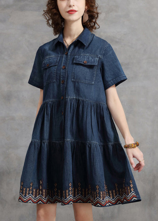 Denim Blue Peter Pan Collar Embroideried Cotton Shirt Dress Short Sleeve