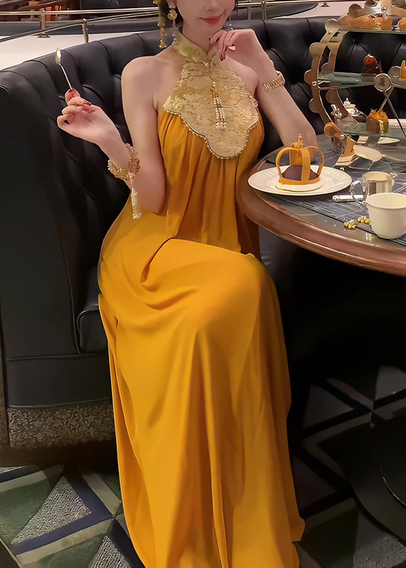 New Retro Orange Patchwork Silk Halter Dresses Summer