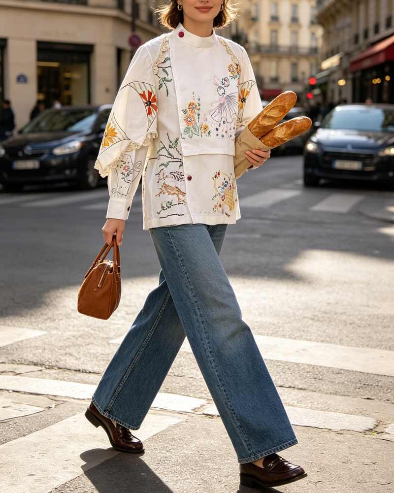 Handmade White Embroideried Patchwork Cotton Blouse Tops Fall