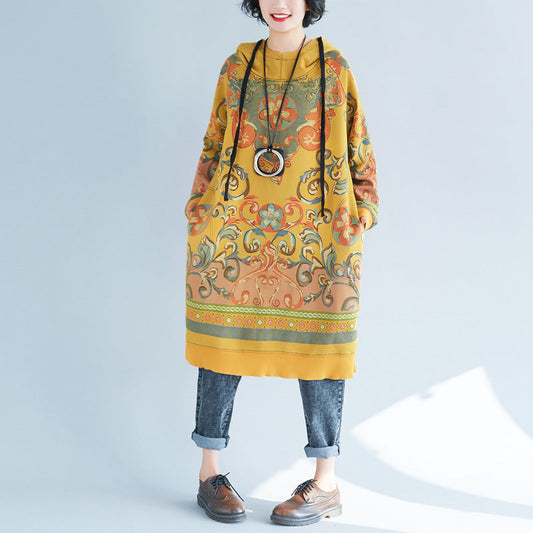 Yellow Hooded Side Open Print Sweatshirt Dresses Spring